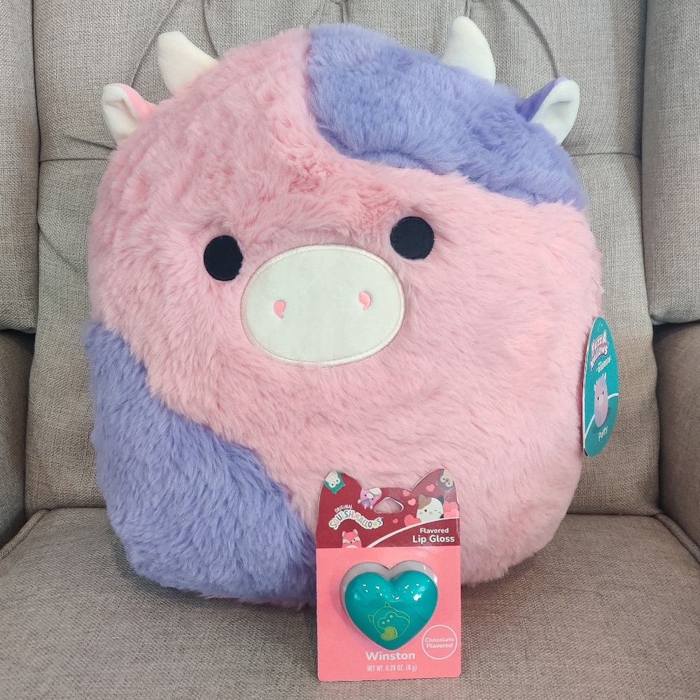Patty 12" Fuzz A Mallows Cow Squishmallow NWT fuzzy pink purple with Lip Gloss